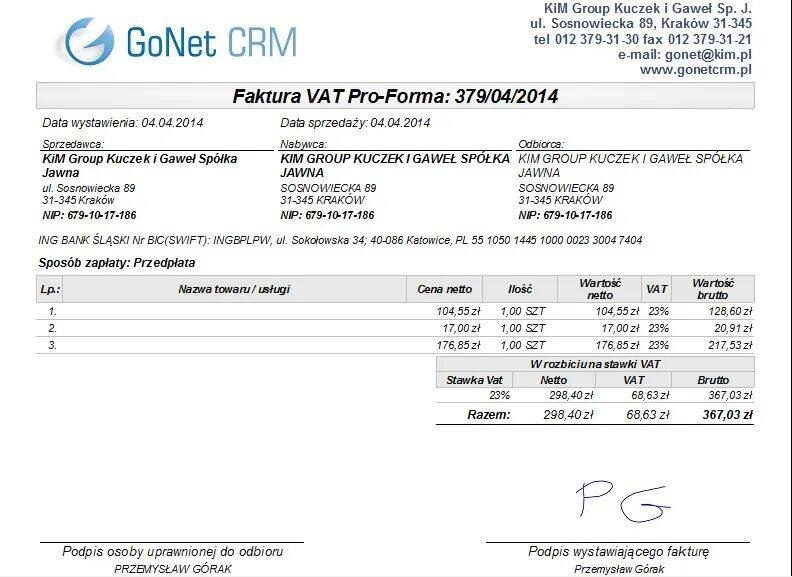 wzór faktury proforma w gonet