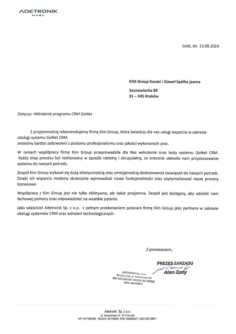 List referencyjny firmy ADETRONIK Sp. z o.o. dla systemu GoNet CRM