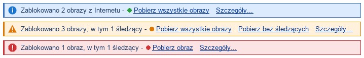 Belka nad podglądem wiadomości na trzech poziomach: bez podejrzanych obrazów, z podejrzanym adresem i z pewnym pikselem śledzącym